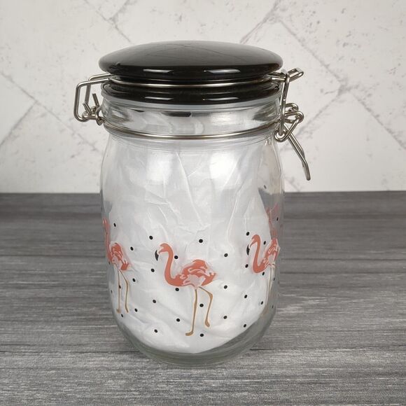 Flamingo Decor Glass Canister Glass Clamp Jar Pink Flamingos 7" Tall Retro - Picture 1 of 9